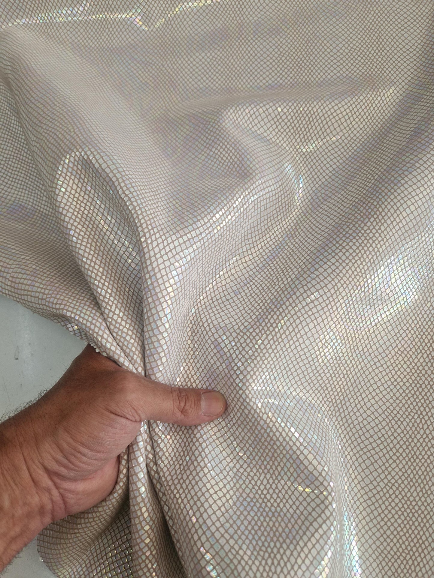 Sheep leather col. white rainbow, iridescent glossy snake printed leather for crafts, thick 1,0mm (2,5 oz)