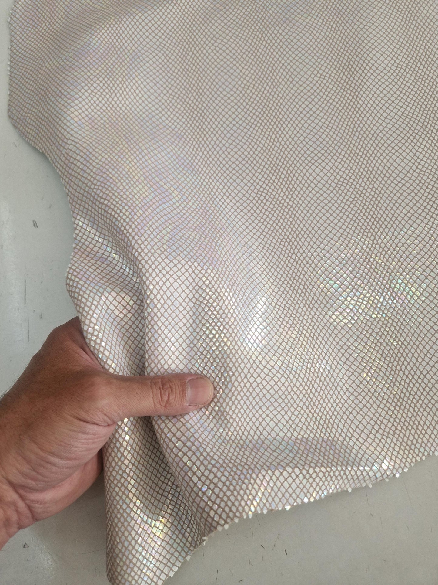 Sheep leather col. white rainbow, iridescent glossy snake printed leather for crafts, thick 1,0mm (2,5 oz)
