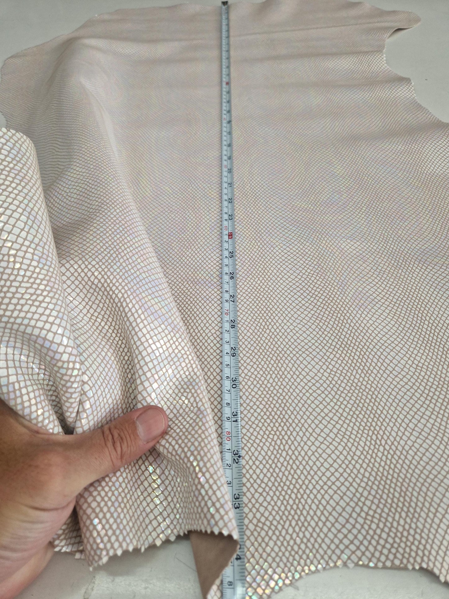 Sheep leather col. white rainbow, iridescent glossy snake printed leather for crafts, thick 1,0mm (2,5 oz)