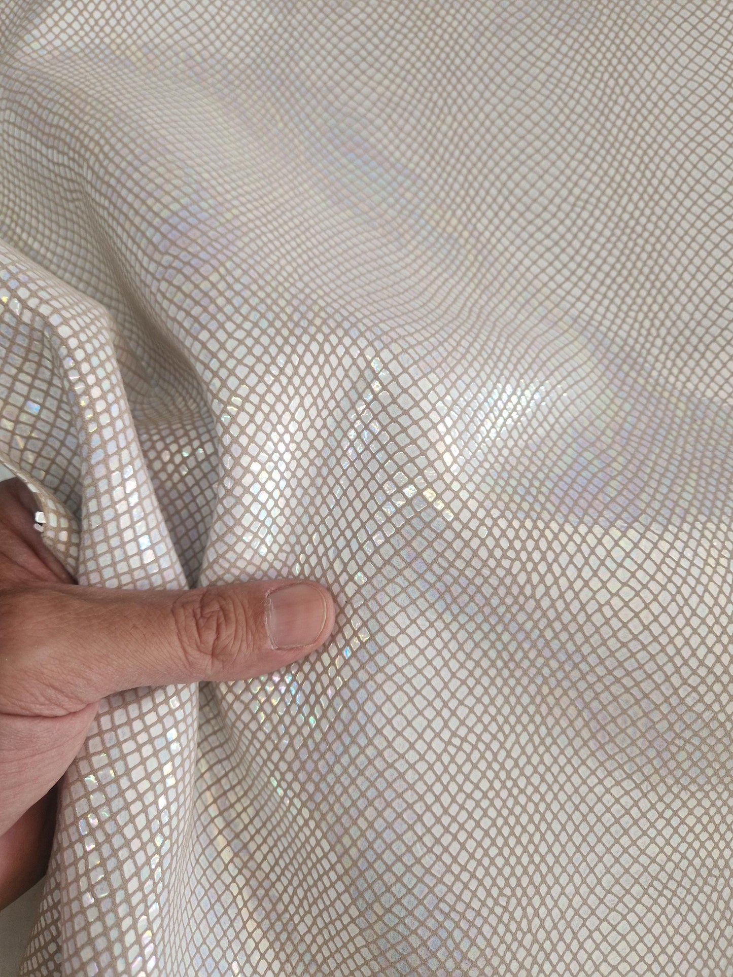 Sheep leather col. white rainbow, iridescent glossy snake printed leather for crafts, thick 1,0mm (2,5 oz)