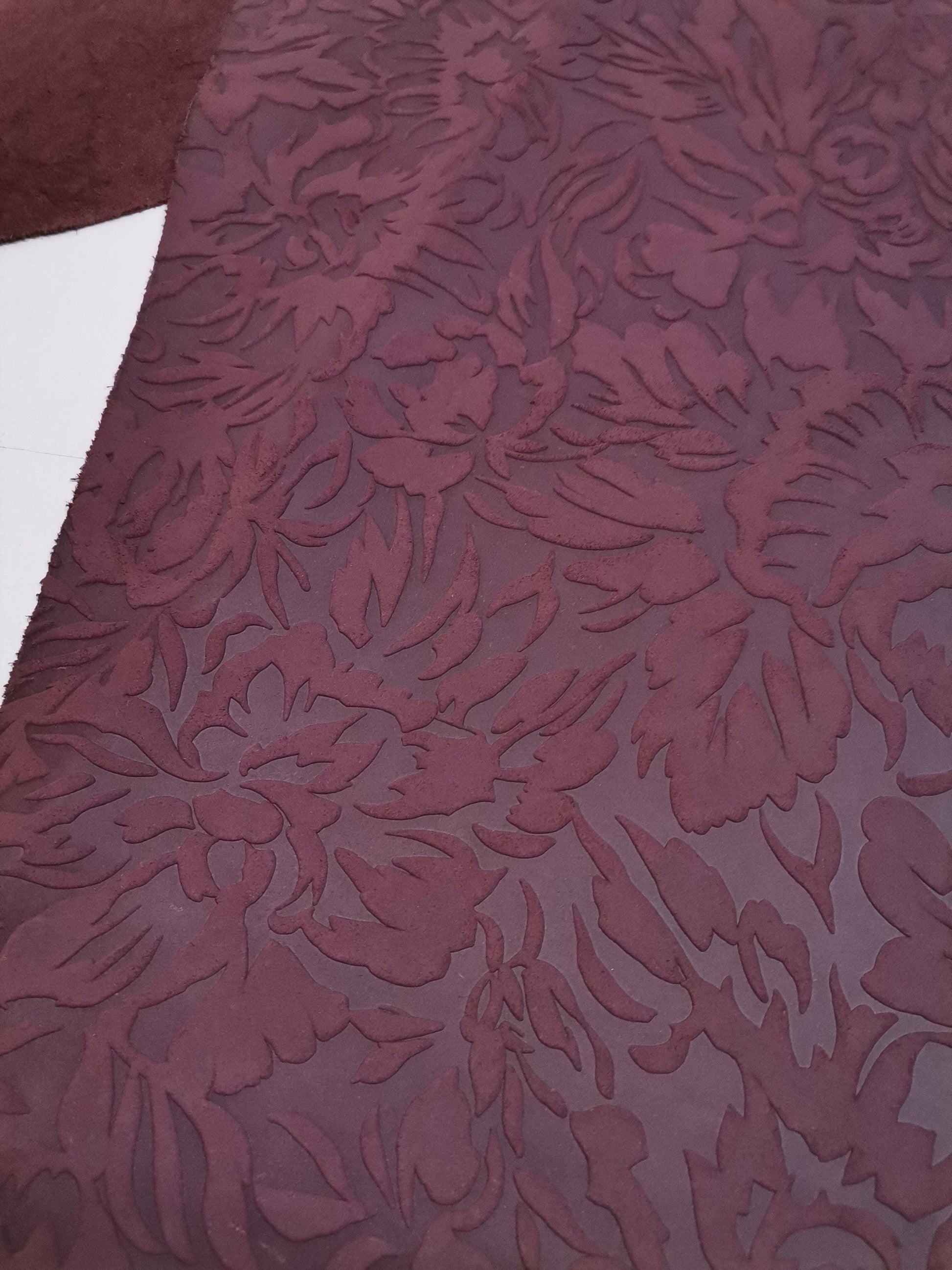 Cow floral dark brown embossed leather, Genuine cow skin, Floral print, Leather for bagson Leather, Leather for DIY, Real leather - Salvo Leather