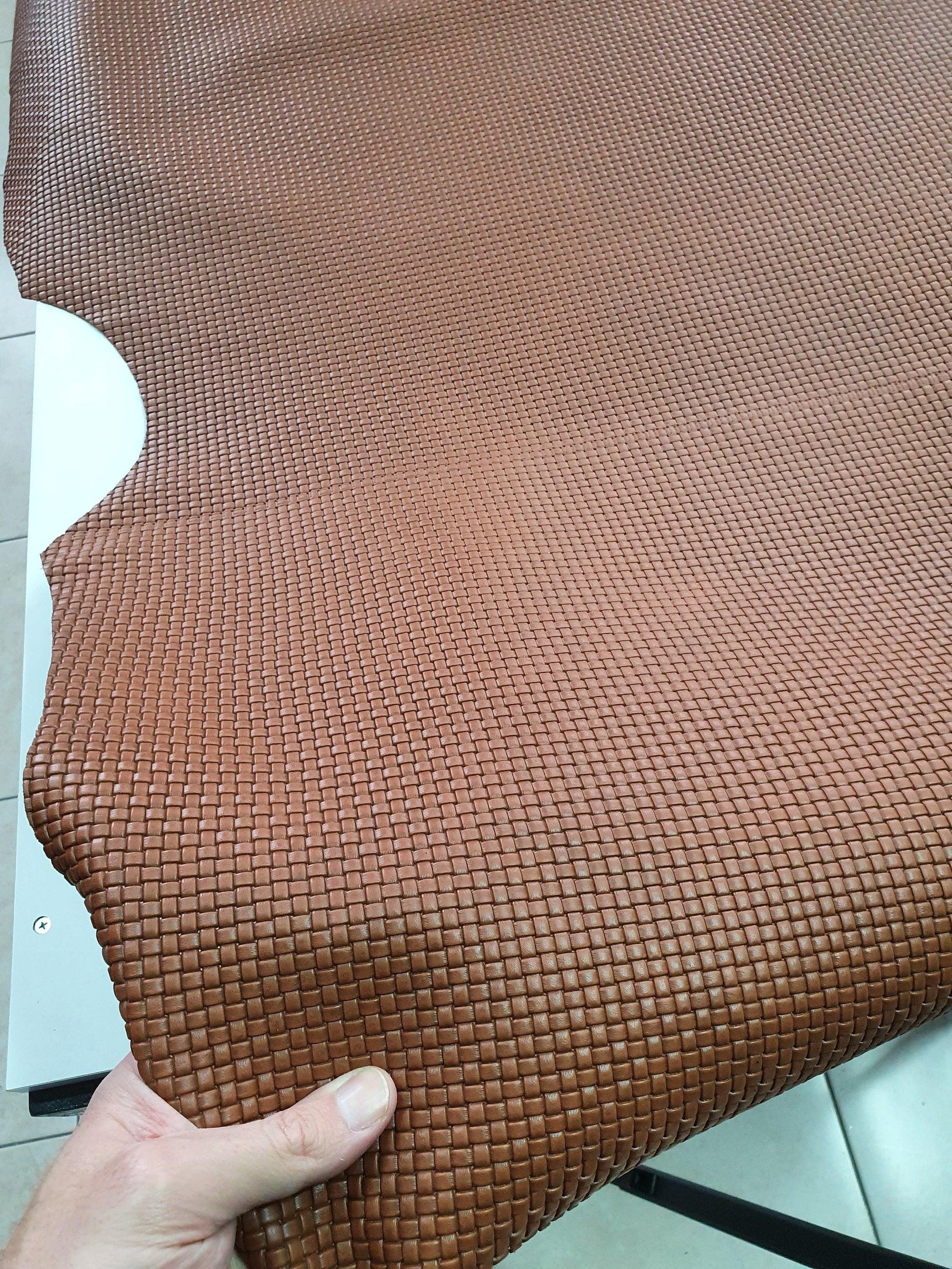 Cow embossed leather, Genuine printed cowhide skin, knitted/mat effect thick 1,1mm(3 oz) - Salvo Leather