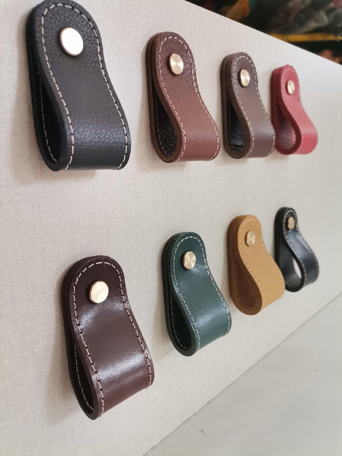 Leather drawer pulls, furniture leather knobs for cabinet doors, stitched and rounded, width 3 cm (1 3/16" inches) - Salvo Leather