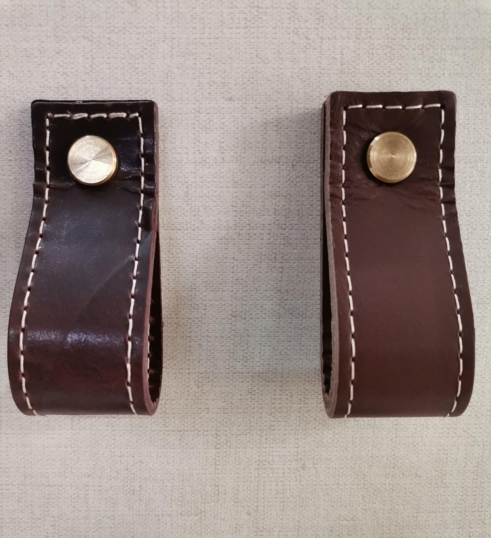 Leather drawer pulls, furniture leather knobs for cabinet doors, stitched and rectangle, width 2,5 cm (1" inch) - Salvo Leather