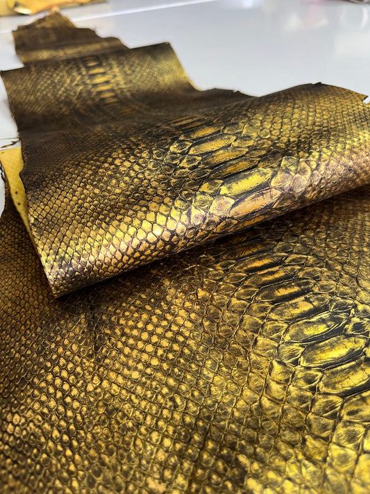 Genuine python leather, real snake leather color rusty metallic, long and wide snakeskin of thick 1,0mm(2 1/2 oz)