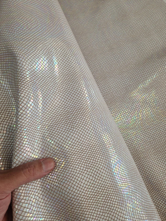 Sheep leather col. white rainbow, iridescent glossy snake printed leather for crafts, thick 1,0mm (2,5 oz)