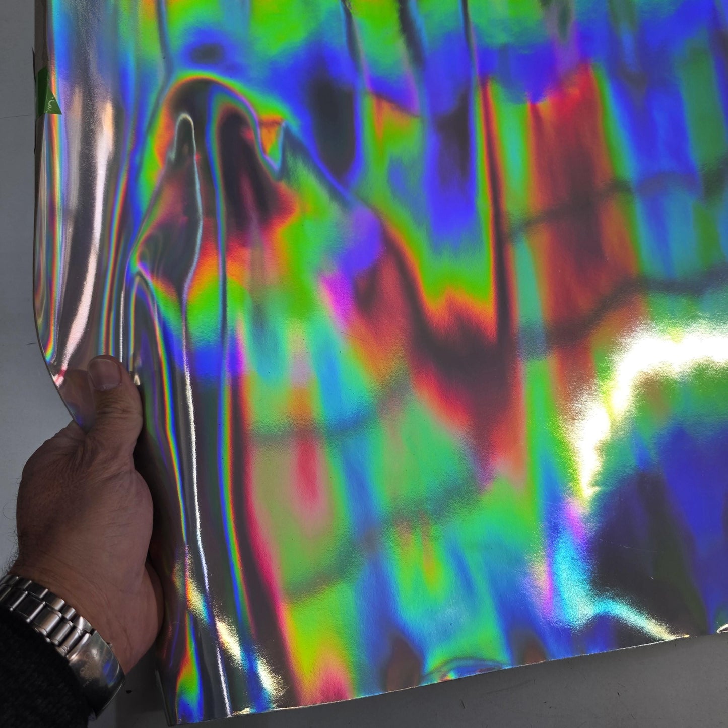 Silver Iridescent Cow Patent Leather: Holographic Rainbow Glossy Metallic (1.1mm 3 oz)