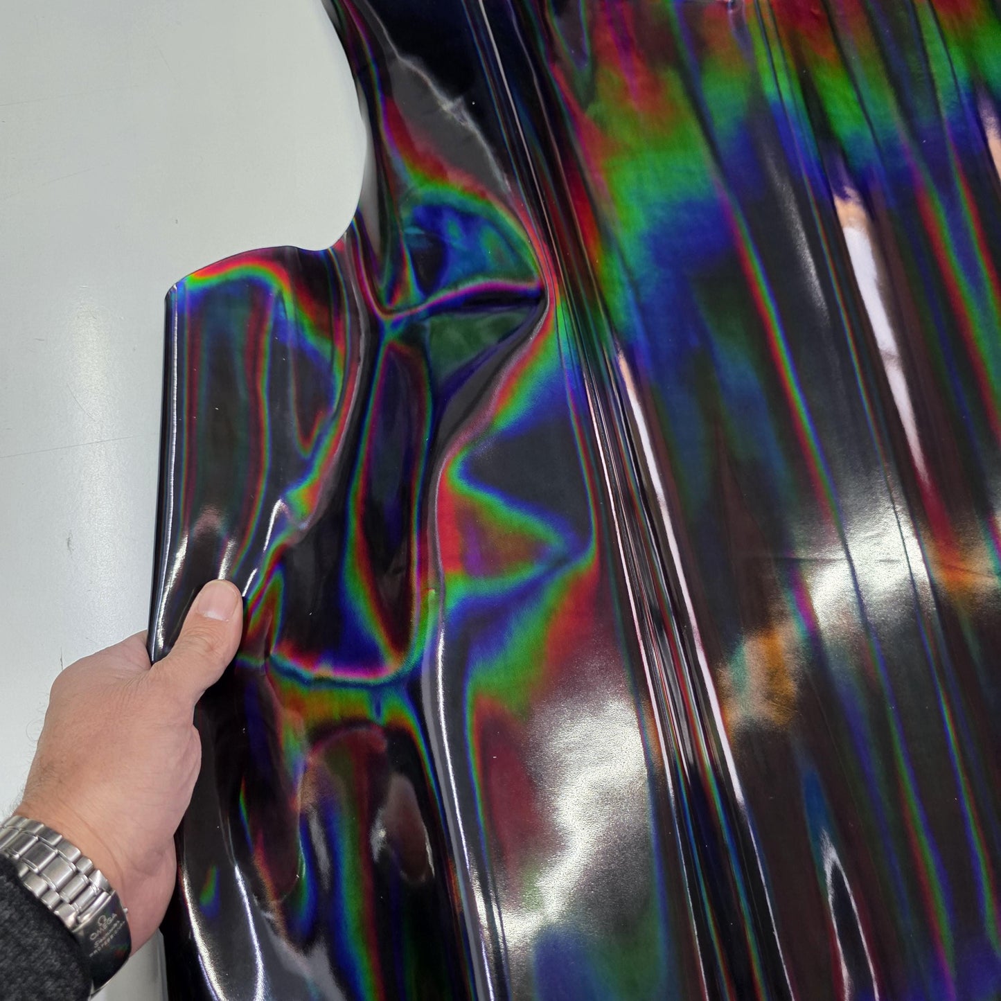 Color Black Iridescent Cow Patent Leather: Holographic Rainbow Glossy Metallic (1.2mm 3 oz)
