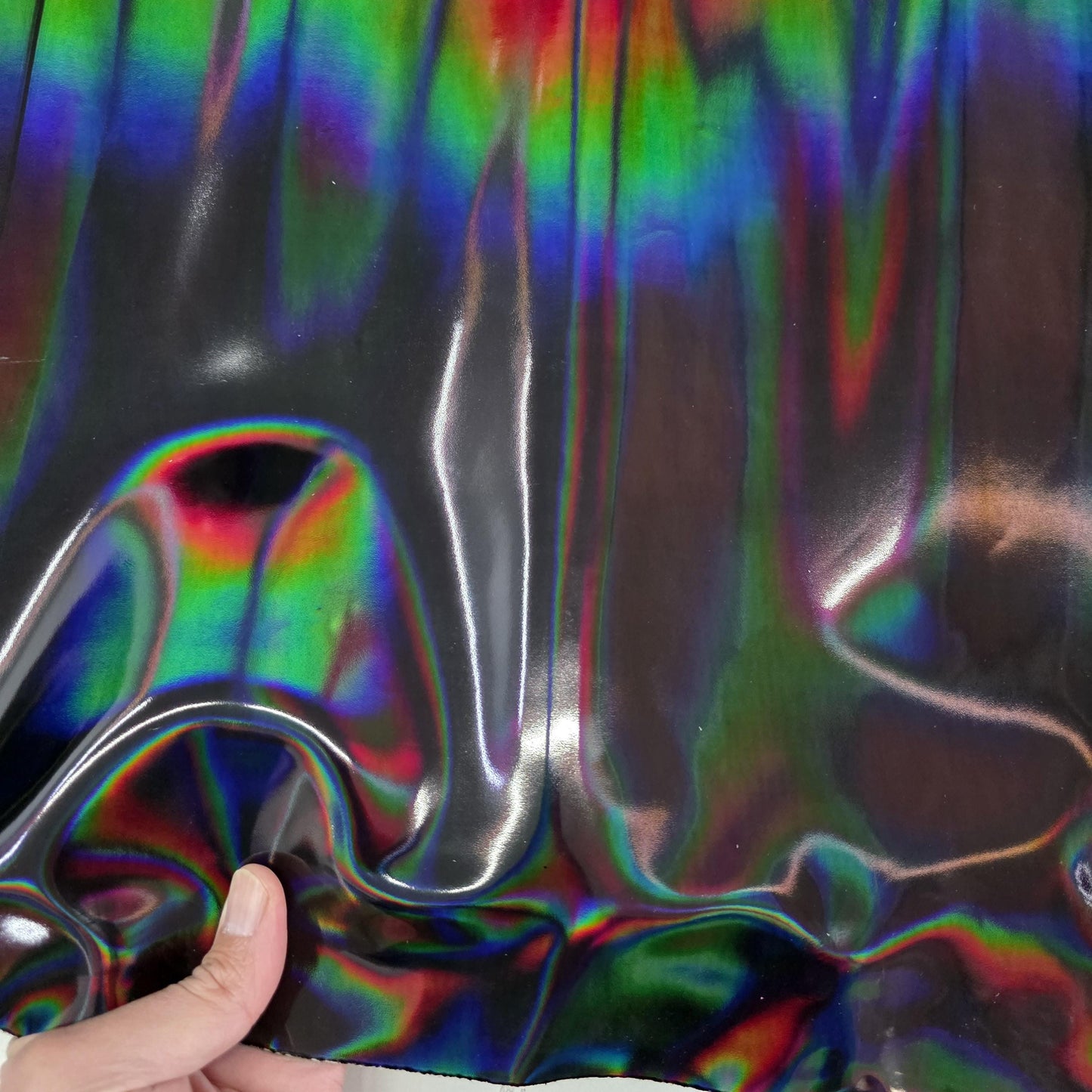Color Black Iridescent Cow Patent Leather: Holographic Rainbow Glossy Metallic (1.2mm 3 oz)