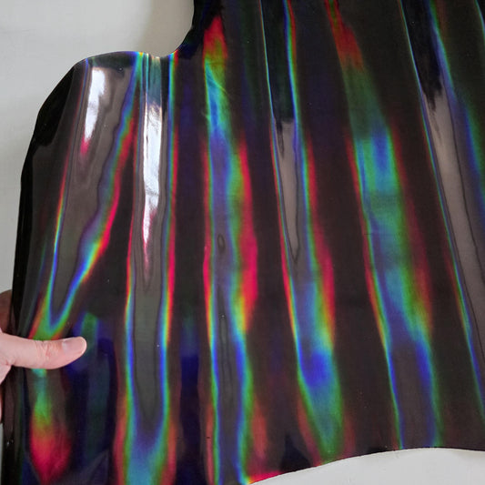 Color Black Iridescent Cow Patent Leather: Holographic Rainbow Glossy Metallic (1.2mm 3 oz)