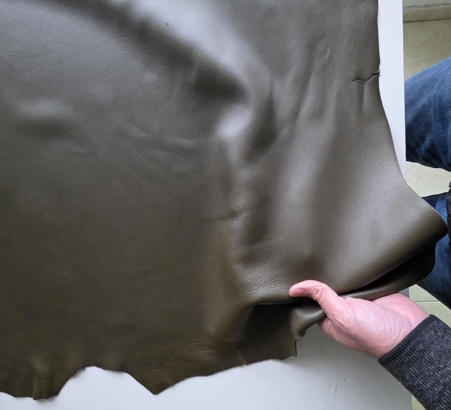 Dark Olive Green Sheep Leather for Crafts: Large Sheepskin Hide