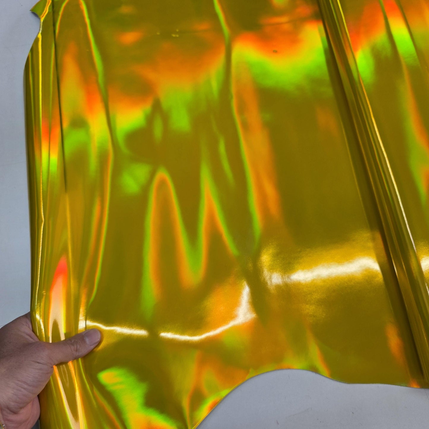 Yellow Iridescent Cow Patent Leather: Holographic Rainbow Glossy Metallic (1.2mm 3 oz)
