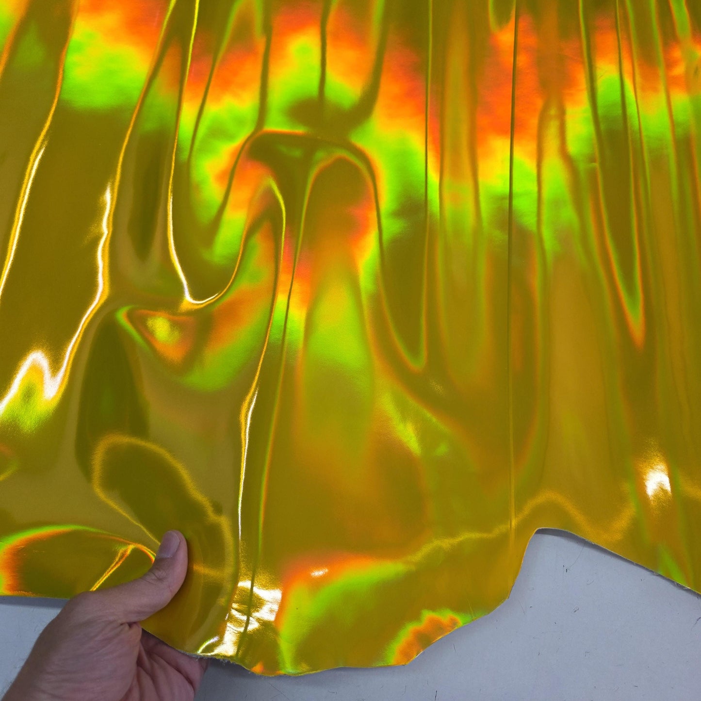Yellow Iridescent Cow Patent Leather: Holographic Rainbow Glossy Metallic (1.2mm 3 oz)