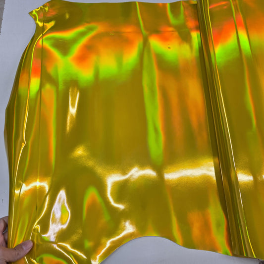 Yellow Iridescent Cow Patent Leather: Holographic Rainbow Glossy Metallic (1.2mm 3 oz)