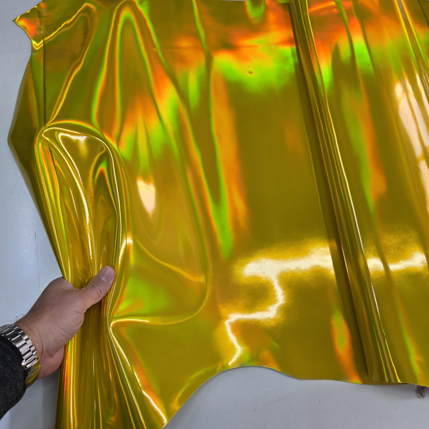 Yellow Iridescent Cow Patent Leather: Holographic Rainbow Glossy Metallic (1.2mm 3 oz)