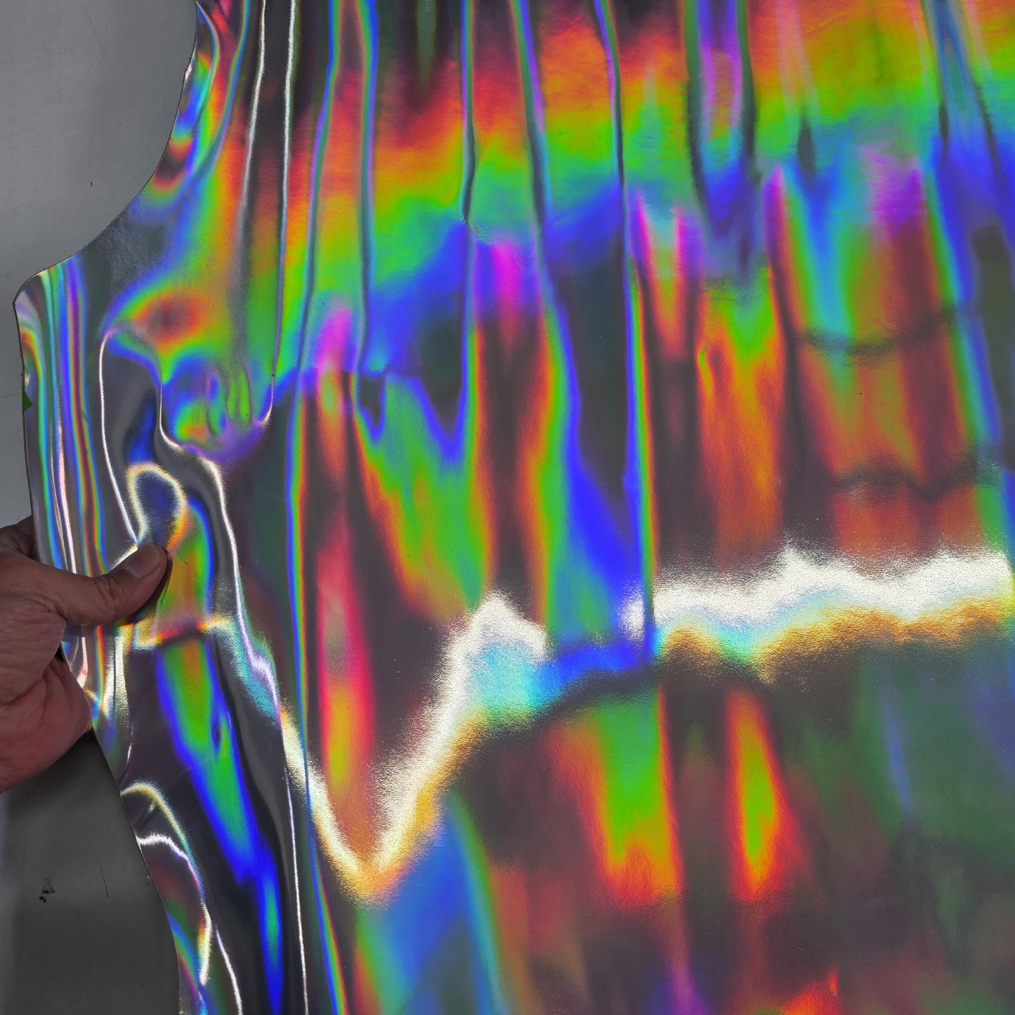 Silver Iridescent Cow Patent Leather: Holographic Rainbow Glossy Metallic (1.1mm 3 oz)