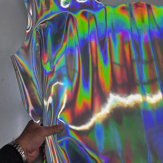 Silver Iridescent Cow Patent Leather: Holographic Rainbow Glossy Metallic (1.1mm 3 oz)