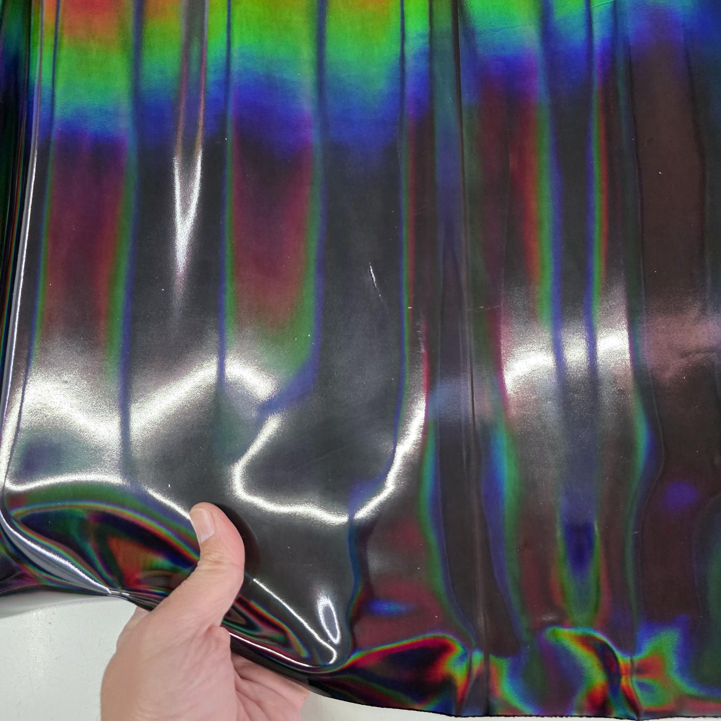 Color Black Iridescent Cow Patent Leather: Holographic Rainbow Glossy Metallic (1.2mm 3 oz)